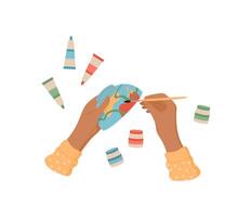 Hands create colorful artwork on a bowl using a brush and paint. DIY craft activity highlights creative process in flat style. Suitable for art projects, workshops, or educational purposes. vector