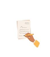 Hand holding pen, writing a note on paper. cartoon graphic style depiction of a letter with love and affection. Concept of communication, stationery, and romance, suitable for invitations or messages. vector