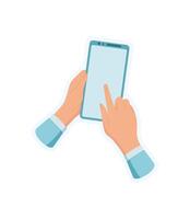 Sticker of hand holding phone. User holds smartphone with blank screen using touch gesture. Digital template illustrates app concepts for modern communication and user interaction. vector