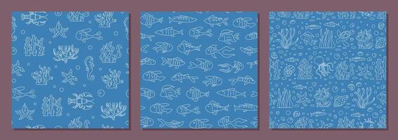 Underwater seamless pattern set with fish, aquatic shapes, and marine elements in outline and doodle style. Ocean cartoon background with sea life marine details. Perfect for creative projects, vector
