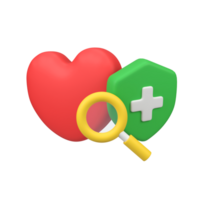 Red heart and plus shield with magnifier isolated 3d render icon illustration png