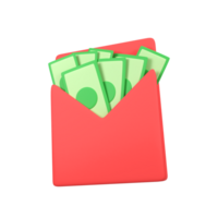 Opened envelope with green banknotes isolated 3d render icon illustration png