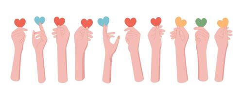 Hands holding colorful hearts in flat style set. A set of diverse bare hands symbolizing love, charity, and solidarity. Vibrant illustration conveying togetherness and community, ideal for projects vector