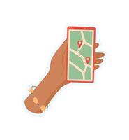 Hand holds smartphone showing a map sticker. User navigates the app on the screen of phone sticker. Digital navigation, flat style, suitable for online content and technology marketing. vector