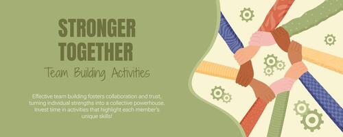 Flat banner showcasing unity and collaboration. Hands of a diverse group represent teamwork, solidarity, and community. A colorful concept for support togetherness in both personal business contexts, vector