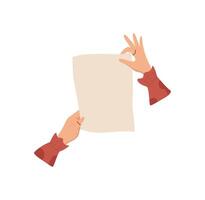 Hands hold blank paper note with love and care. Flat style of card and envelope for creative messages. Concept of communication, correspondence, handmade invitations. vector