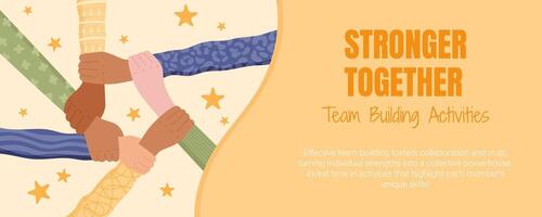 Flat diverse teamwork banner with hands representing solidarity. Multicultural group showing community and human connection. Colorful concept of collaboration and unity for social cultural projects. vector