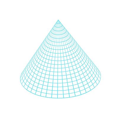 Y2k 3d mesh cone, vaporwave trendy 3d wireframe shape icon, cyberpunk neon grid pattern element illustration, brutal art abstract wire frame form symbol, cyber tech geometry mesh figure graphic.
