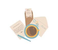 Letter, coffee and note on table with envelope, mail, and message in flat style. Creative stationery with handwritten note pen. Suitable for communication, correspondence, or holiday themes. vector