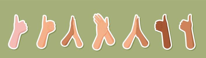 Diverse hand sticker set in flat cartoon graphic style. Multicultural hands showcase clap, solidarity, and community support. Colorful design highlights teamwork, gestures, and allyship for creative vector