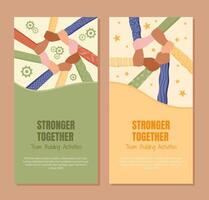 Flat teamwork banner with a set of diverse hands raised in unity. Multicultural group supporting a community with focus on solidarity and aid. Colorful concept for team and social themes. vector