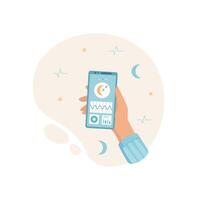 A hand holds a phone displaying a mobile app screen. The user engages with the digital application using simple gesture. This image illustrates communication technology, flat design, and potential vector