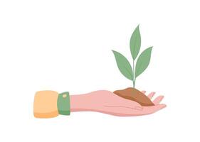 Hand holding plant sprout. Gesture of giving and receiving a green element. Nature concept, flat style, ideal for environmental graphics or eco illustrations. vector