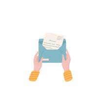 Open envelope with letter and message inside, held by girl hand. Concept of communication, love, and correspondence. Flat style, ideal for stationery creative projects. vector