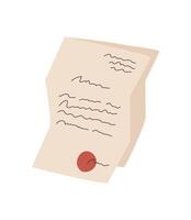 Handwritten letter with a vintage seal and creative style. Flat document for mail or correspondence, ideal for personal messages, invitations, and artistic communication. vector