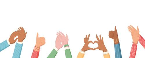 Flat colorful hands with heart gesture and applause. Human hands clap and show love happiness in a cheerful community. Perfect for banners, social media, creative projects. vector