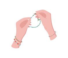Hands create a colorful bracelet using beads and tools. Engaging in a fun DIY activity, this image showcases the craft of making. Suitable for workshops, classes, and children's creative projects. vector