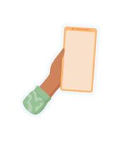 Hand holding smartphone. Gesture of a user with a mobile device. Simple blank sticker design, digital concept, ideal for app templates or promotional media. vector