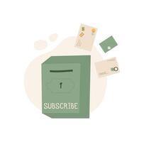 Cartoon mailbox with letters, postcards, and envelopes scattered around. Icon of communication and delivery in flat style. Suitable for stationery, greeting cards, creative projects. vector
