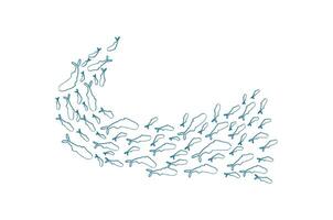 Aquatic fish school swims in the ocean. Many silhouettes of aquatic creatures create a unique pattern. Underwater design, chalk style, ideal for summer themes and marine life projects. vector