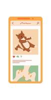 Colorful smartphone showcases social media app usage. User interacts with the flat graphic application on screen. Engaging character emerges through mobile technology, suitable for marketing vector