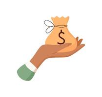 Hand holding money sack. Palm cradles cash bag. Payment concept, flat graphic style, suitable for finance content and visual storytelling. vector