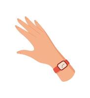 Hand wearing flat watch accessory in a stylish manner. Cute character design highlights the craft of making and DIY activities. Concept of creativity, hobby, and unique handmade elements. vector