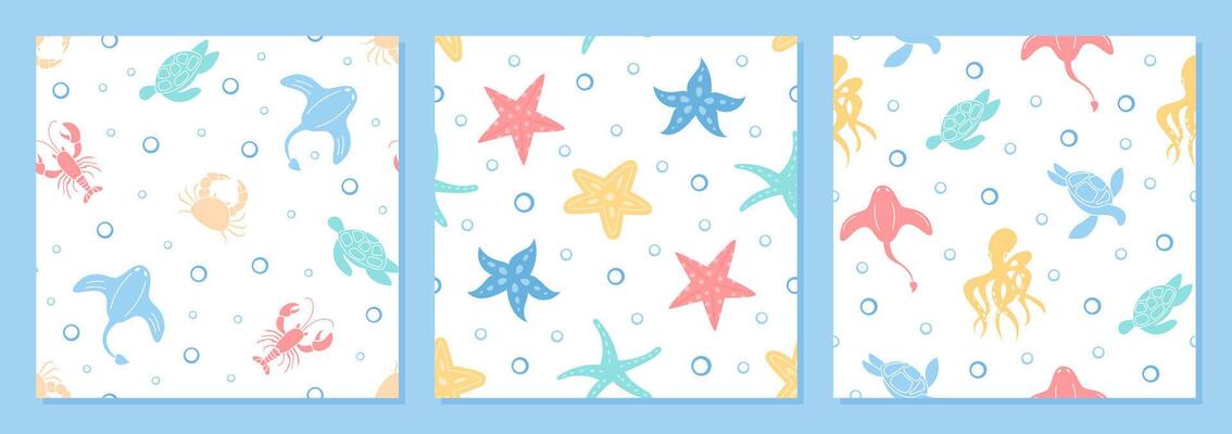 Seamless flat marine pattern set. Vibrant underwater life featuring aquatic animals like turtles, crabs, and starfish. Ocean cartoon background, playful aquatic design, ideal for summer projects or