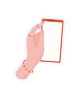 Hand holding a smartphone sticker. Person holds a mobile device in palm. Blank screen, flat design, modern template, suitable for use in social media and communication applications. vector