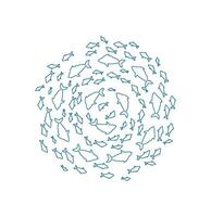 outline fish school silhouette. Group of aquatic creatures in a swirling pattern. Marine life in the ocean, doodle style, ideal for summer designs or educational materials. vector