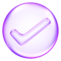 Confirm icon in purple glassmorphism style, used to represent approval, completion, or correct action in digital interfaces, 3d rendering png
