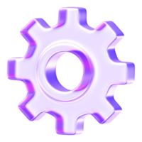 Minimal glassmorphism gear icon representing settings or configuration in modern digital interfaces, purple glass gear cog setting options mechanism, 3d rendering png
