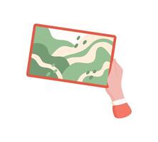 Hand holds a tablet displaying a map. A character uses digital device to draw and navigate. This simple tool enhances user experience, ideal for communication, applications, and modern technology. vector