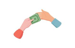 Cash transfer gesture sticker. Money exchange action. Payment in flat style, graphic element, ideal for business and finance themes. Visual representation of wallet and cash transactions. vector