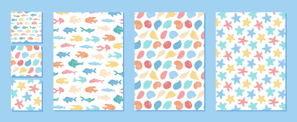 Seamless marine cartoon pattern set. Underwater fish, ocean starfish, and shells form aquatic background. Flat style design under sea, summer themes, versatile for marine projects and decorative