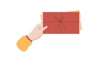 Hand hold a bundle of letters and cards with love and care. Flat cartoon graphic style representation of mail message delivery. Ideal for greeting or invitation themes, stationery designs. vector