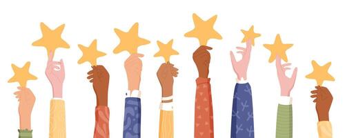 Customer hands holding five stars in creative cartoon graphic style. Positive feedback and review show satisfaction and quality. Clients rate service survey, modern layout for business concept. vector