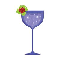 Illustration of a blue glass with a drink on a thin stem with a green and red flower on a white background. vector