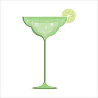illustration of a green glass on a thin stem with a slice of lemon or lime on a white background. vector