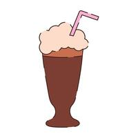 A glass with a milkshake and a pink straw. The glass has a classic shape with a wide top and a narrow base. vector