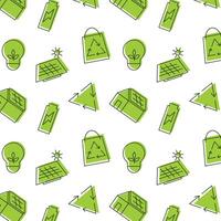 Seamless pattern of environmental symbols, solar panels, light bulbs with leaves, houses with panels, batteries, triangles with a recycling symbol, shopping bags with recycled material. vector