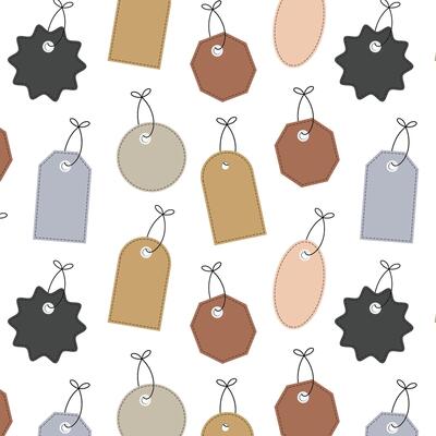 Seamless pattern of labels, price tags of various shapes with a knotted loop, made of textiles or paper.