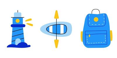 Set of travel elements with lighthouse, boat and backpack. Set of trip to the sea elements. vector