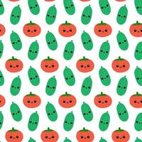 Cucumber and tomato seamless pattern on white background. Cute vegetables with smiling faces. vector