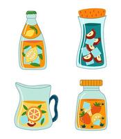 Set of jars and bottles. Lemonade jars collection on white background. Summer illustration. Fruity and fresh drinks. vector