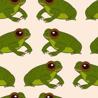 Hand drawn seamless pattern with green frogs isolated on light yellow background. Original stock illustration of amphibian vector