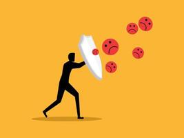 Businessman holding a shield to protect himself from negative thoughts vector