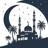 mosque night with crescent moon star and palm tree vector