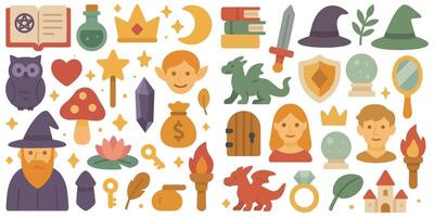 Collection of fantasy themed illustrations showcases various characters creatures and magical objects vector