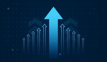 Dynamic up trend blue arrows on dark blue background with small dots on it. A bold, central blue arrow points upward, symbolizing strong growth, ambition, and future success vector